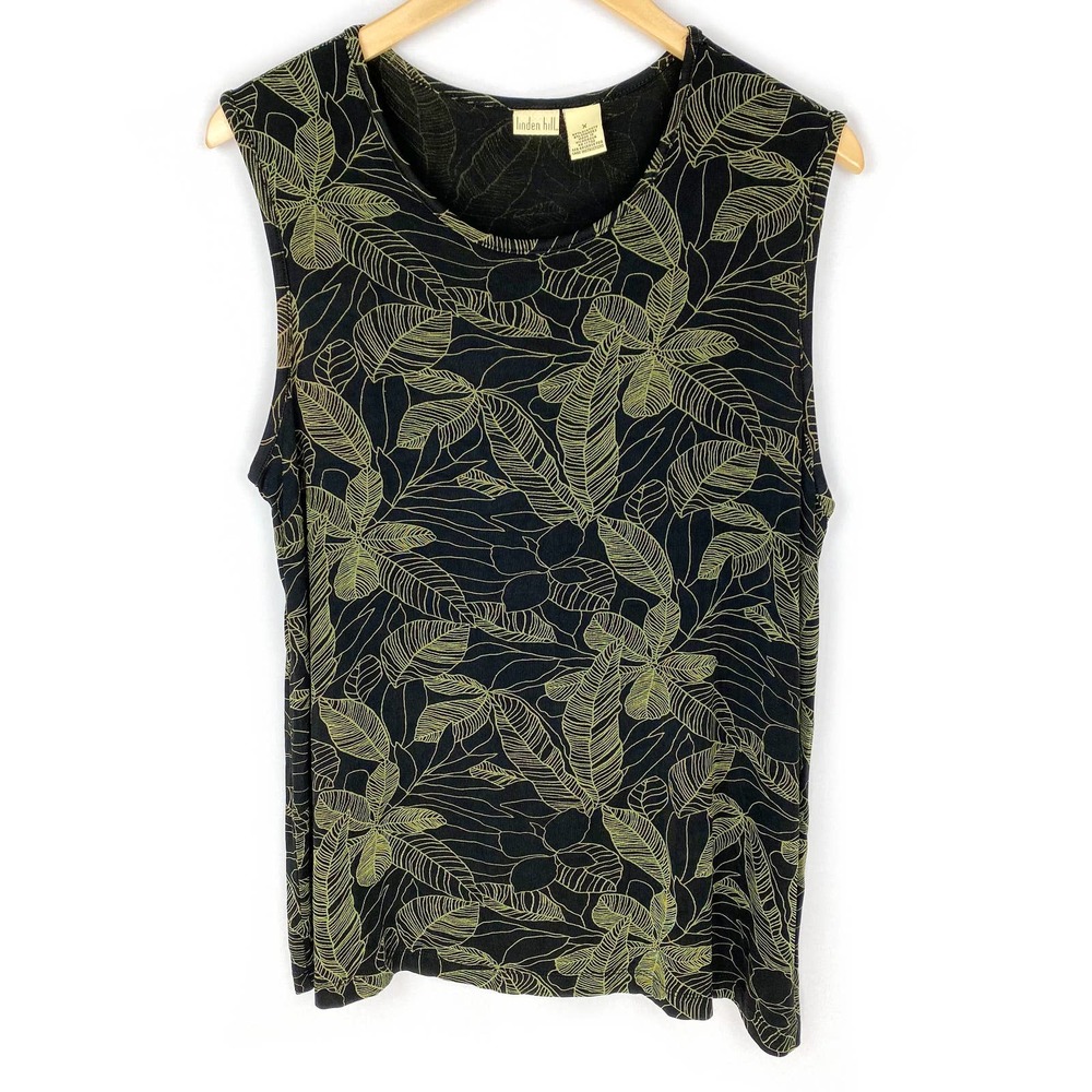 Linden Hill Sleeveless Blouse Black & Green Floral Work Office Summer Flowy 0X